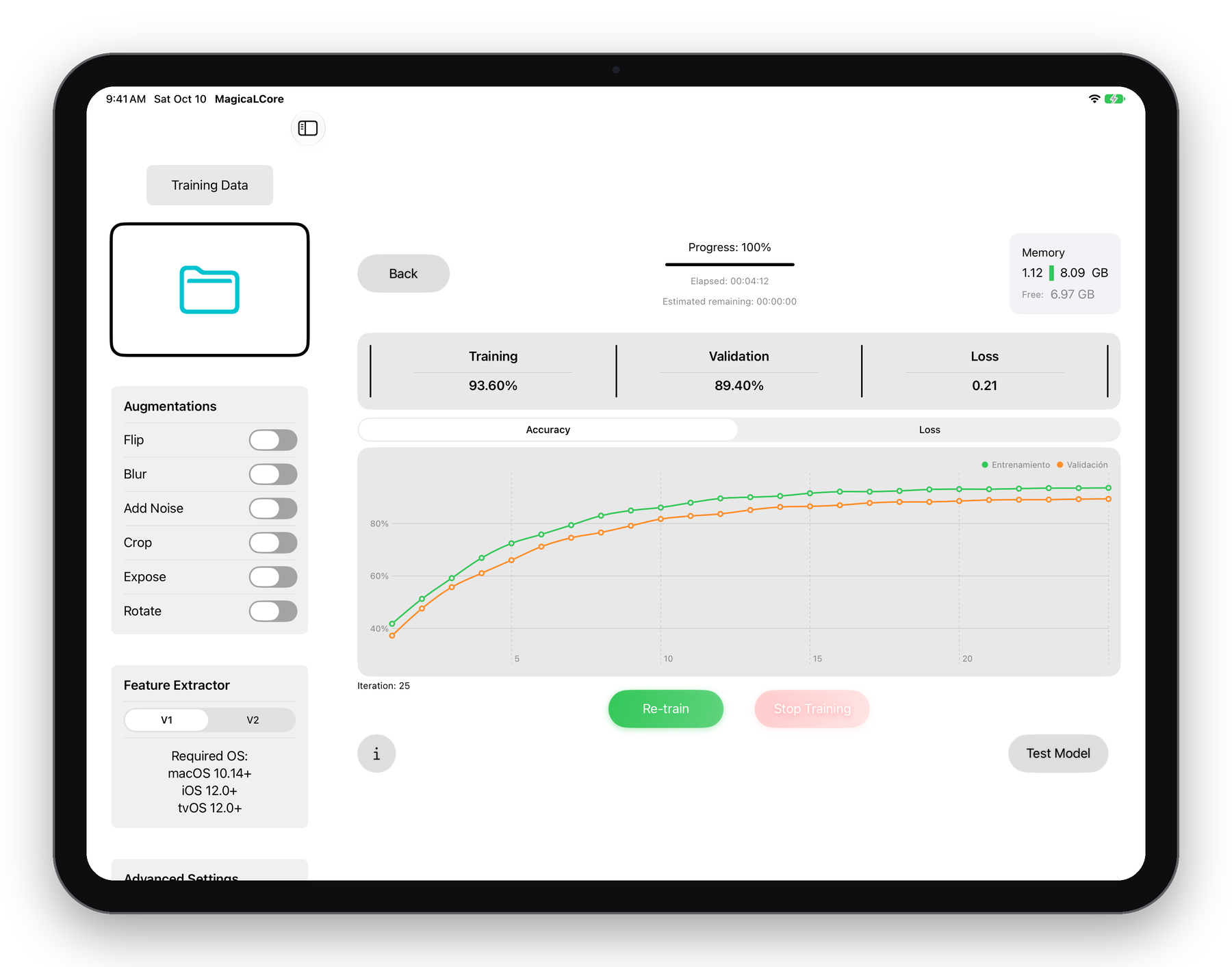 MagicaLCore training screen on iPad with a finished accuracy chart